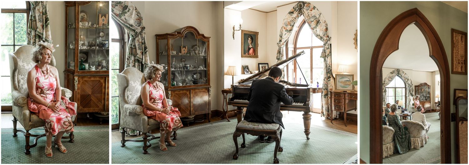 Series of candid moments from a wedding reception showing guests and musical performances.