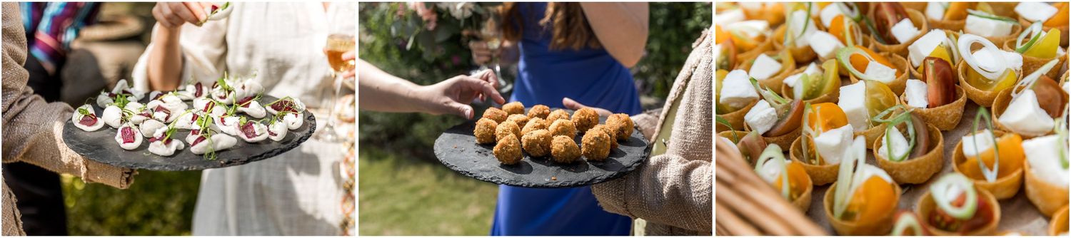 Elegant wedding reception food and appetizer display with colorful hors d'oeuvres.