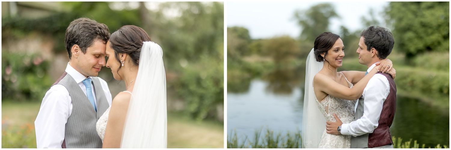 Romantic outdoor wedding portraits taken in a lush garden setting.
