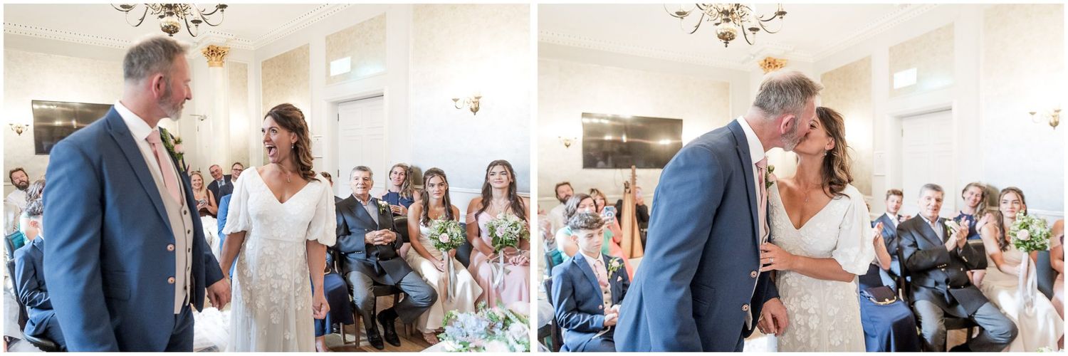 Panoramic views of a wedding ceremony in a bright, classic indoor venue.