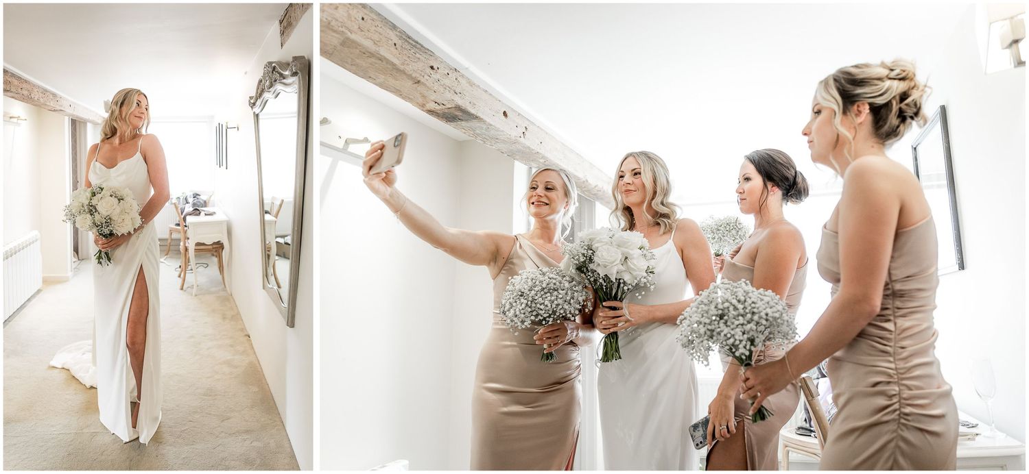 Wedding party members in neutral dresses preparing for the ceremony in a bright room.