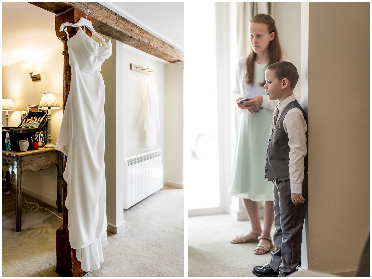 Getting ready moments captured in a bright indoor space with rustic wooden beams.