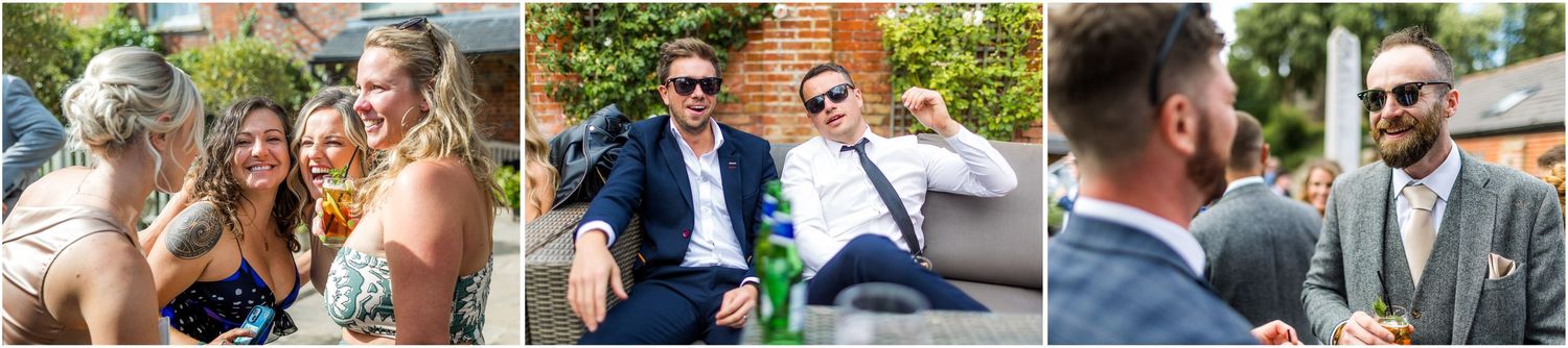Candid interactions between wedding guests during outdoor celebration.