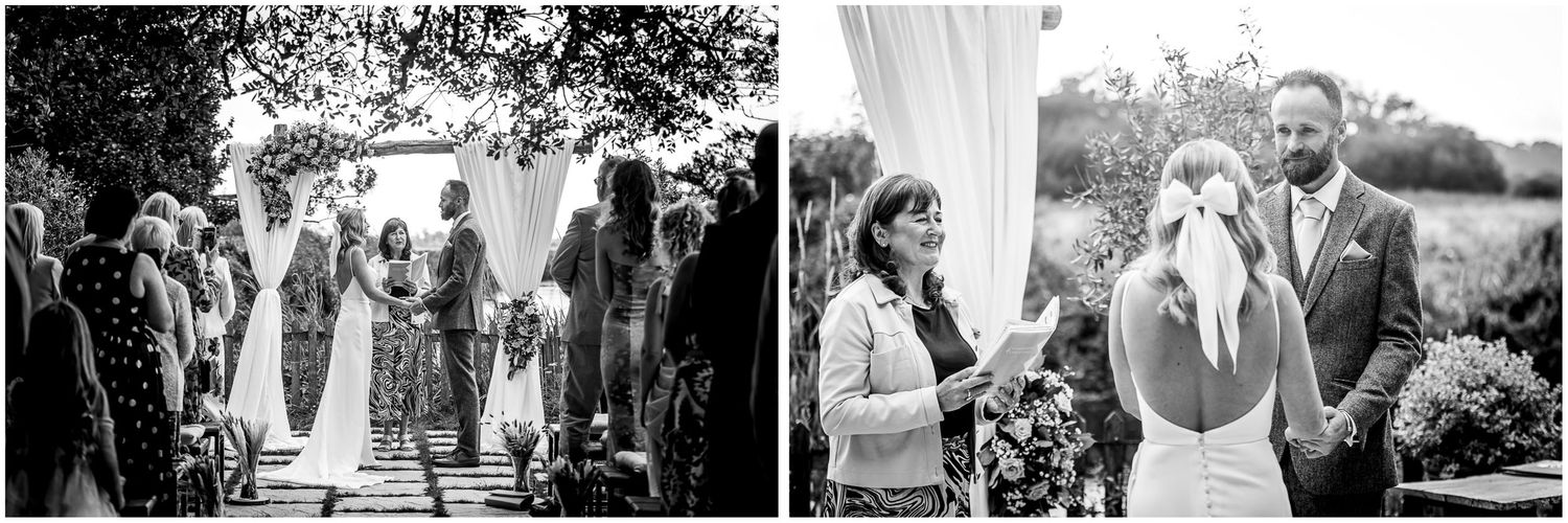 Wedding ceremony scenes in black and white with guests gathered outdoors.