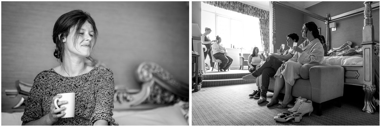 Black and white photo series showing intimate moments during wedding preparations.