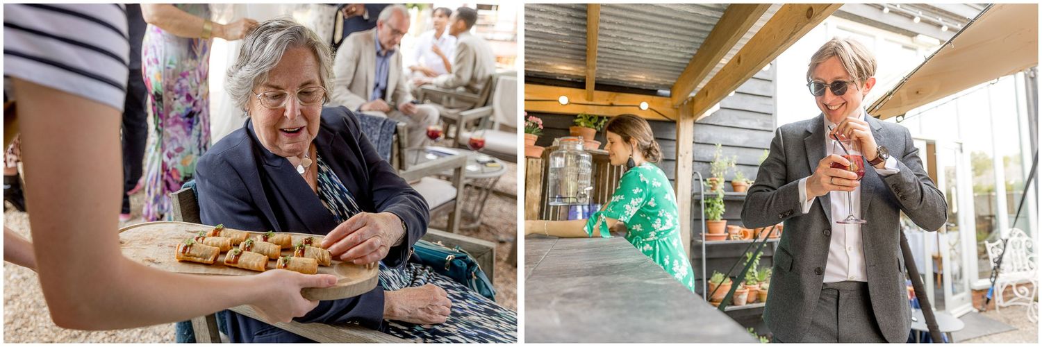 Candid shots of wedding guests being served appetizers at reception.
