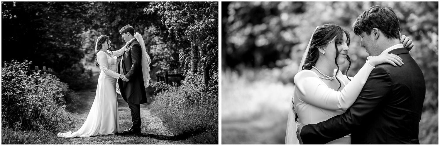 Black and white photos of a romantic wedding couple embracing outdoors in a garden setting.