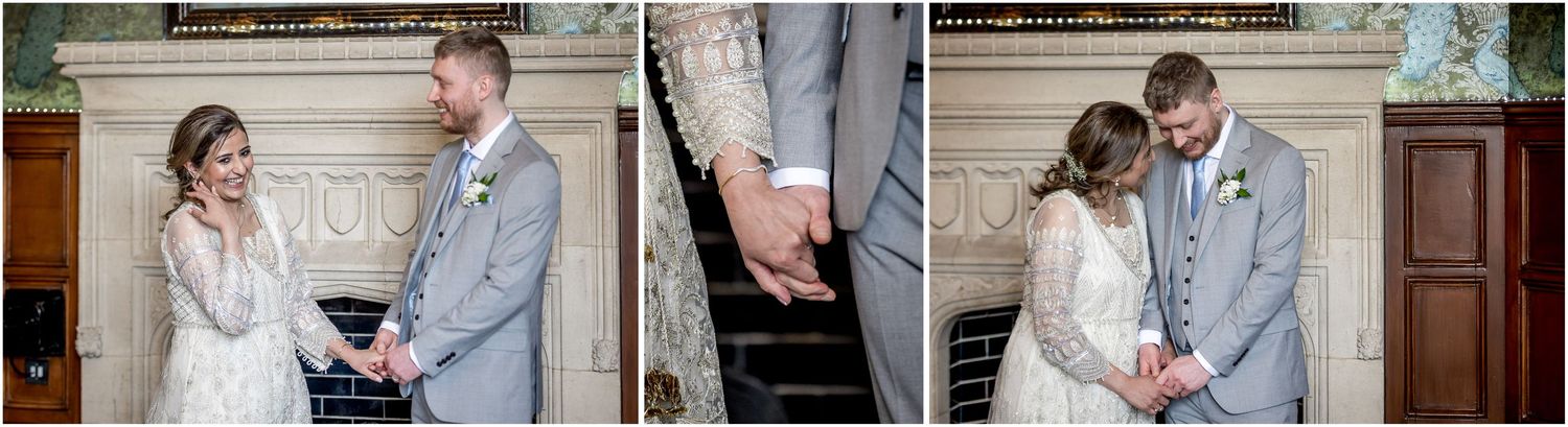 Wedding ceremony moments captured in an elegant indoor venue with ornate details.