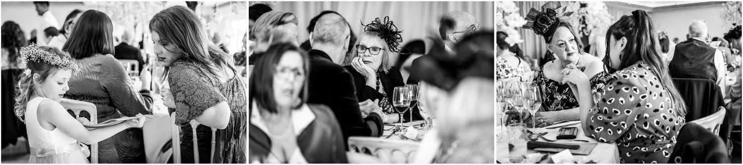 Documentary style black and white photos showing guests mingling at a wedding celebration.