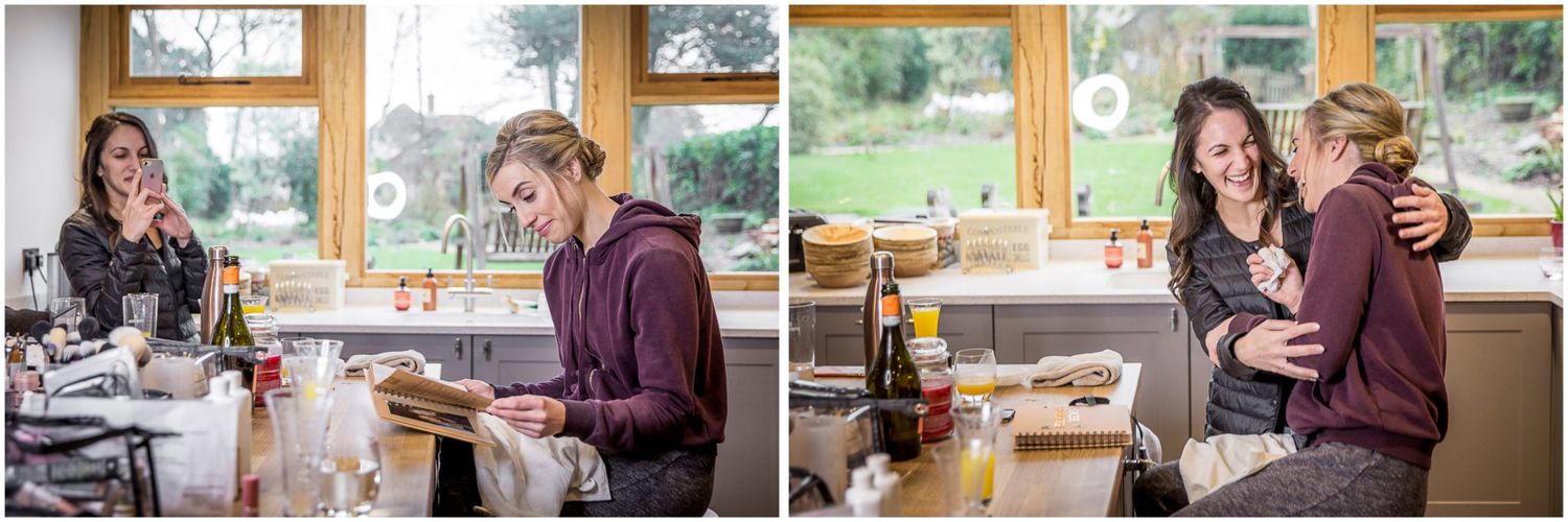 Casual engagement photos of couple enjoying coffee and laughter by sunny window.