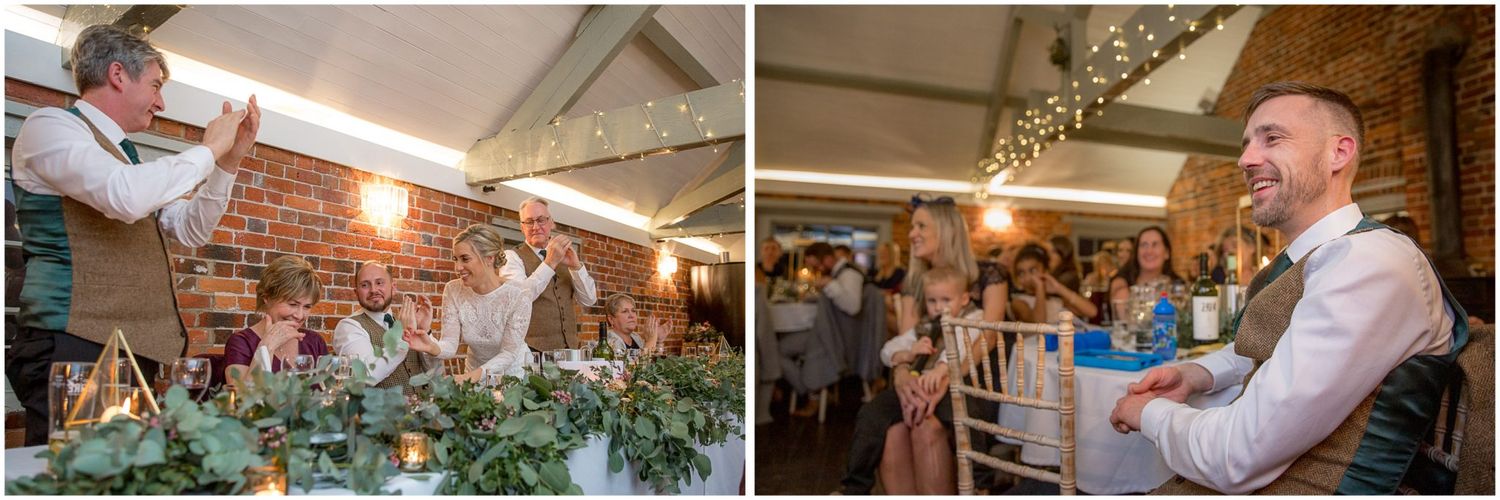 Wedding celebration with guests dancing and socializing in a warmly lit venue.