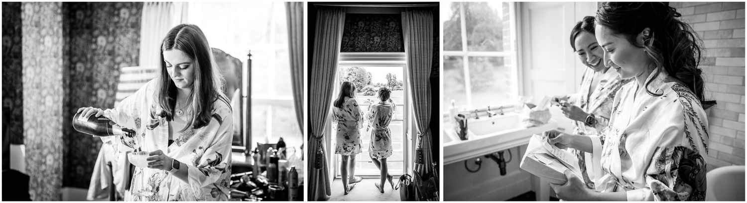Black and white candid moments from wedding day preparations.
