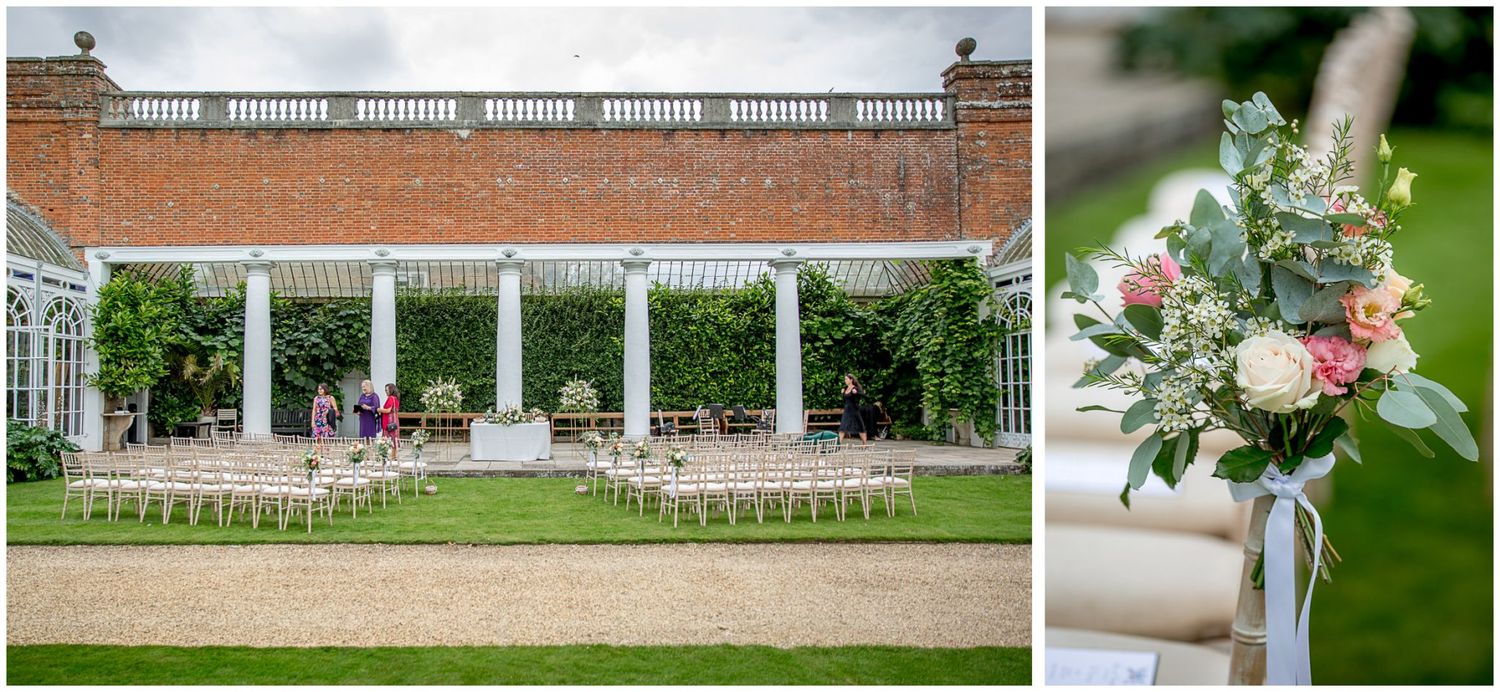 Elegant outdoor wedding venue with brick architecture and manicured gardens.