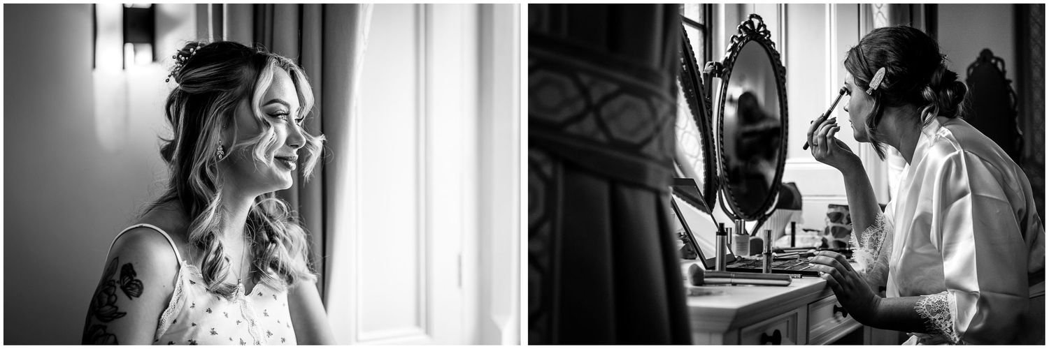Bride getting ready in the dressing room of The Elvetham wedding hotel near Hartley Wintney