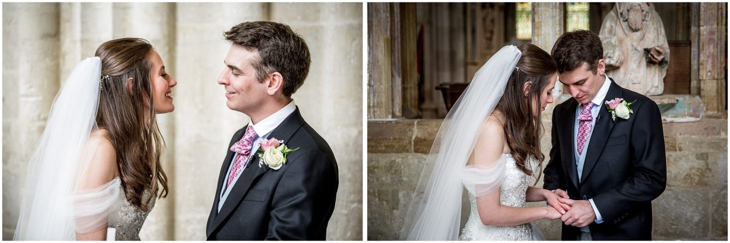 A romantic wedding photo collage showing tender moments between a couple in formal attire at their ceremony.
