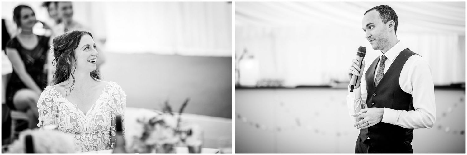Black and white wedding photo collage showing candid moments of celebration and dancing at a reception.