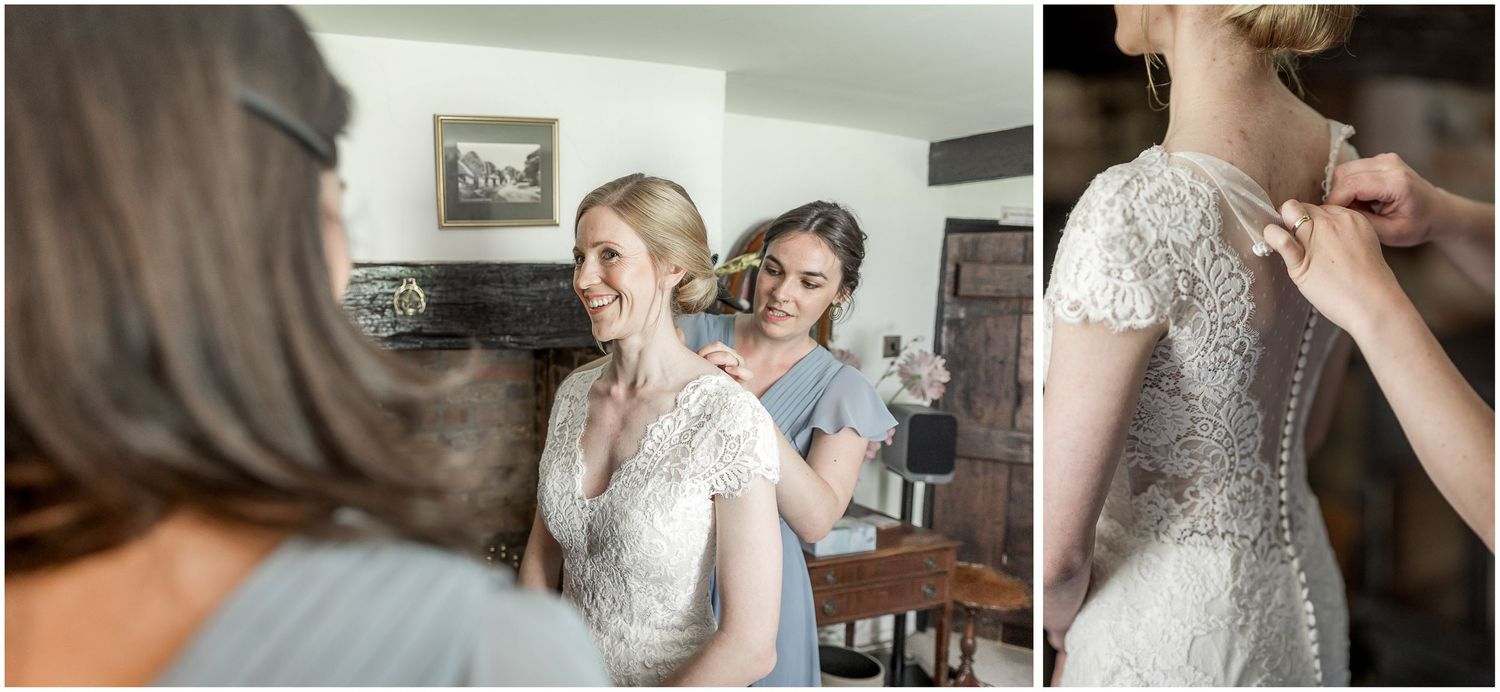 Close-up details of wedding preparation showing dress and accessories.
