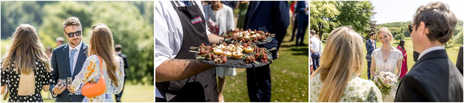 Wedding party celebrates with candid moments outdoors.