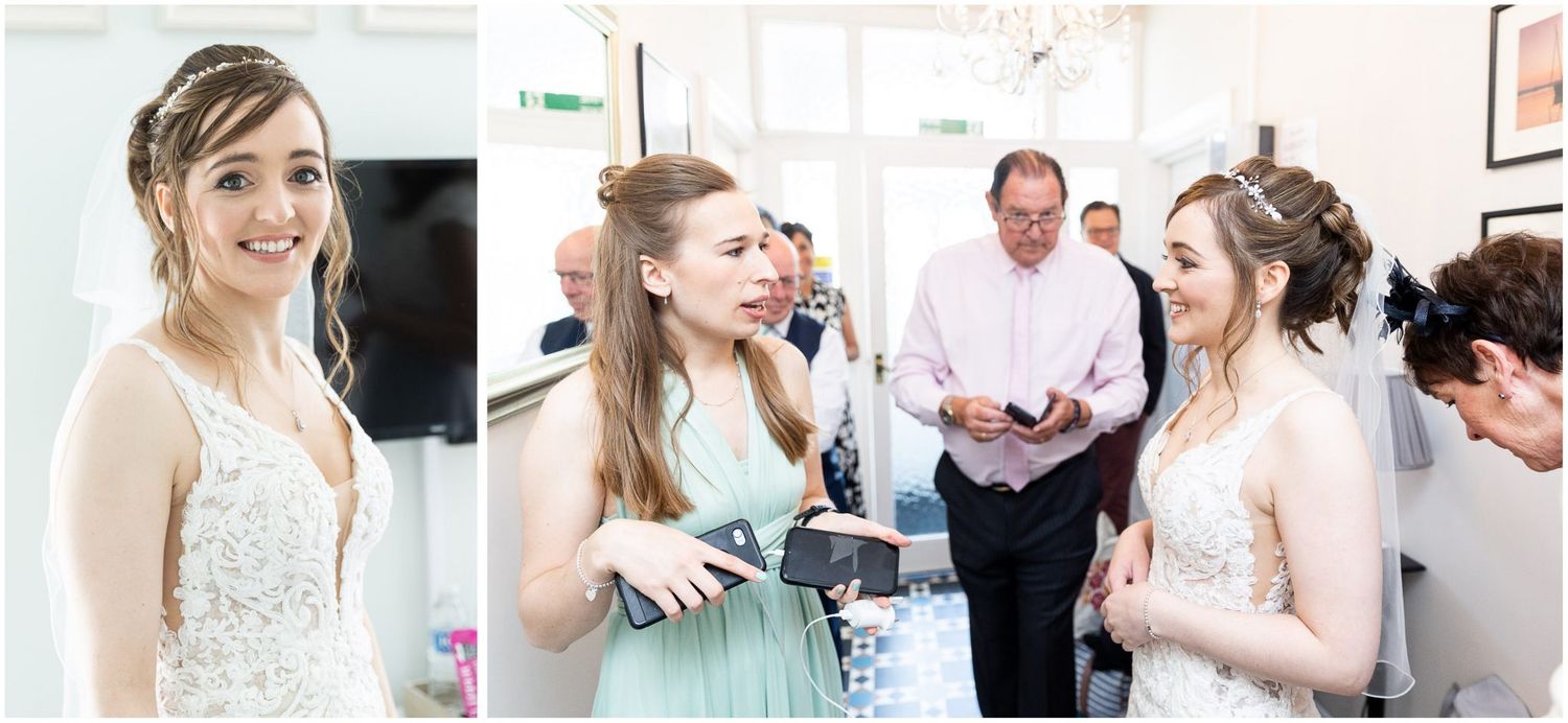 Candid moments of wedding preparation with bridesmaids in mint green dresses.