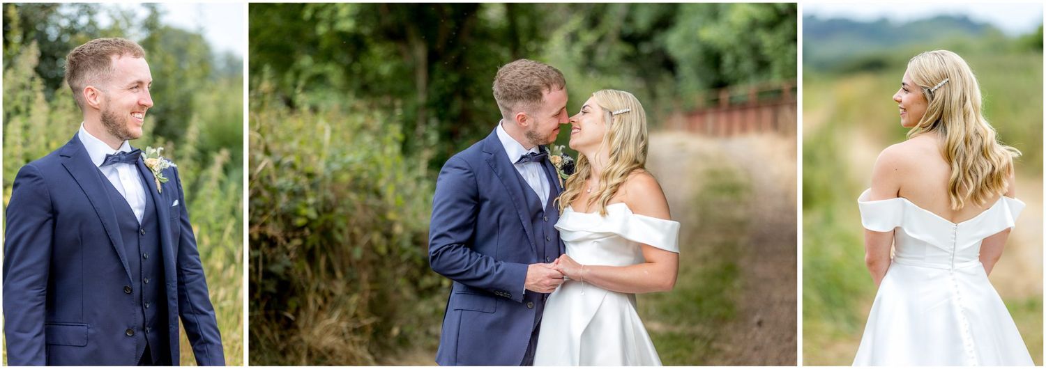 Romantic wedding portraits captured in a lush garden landscape.