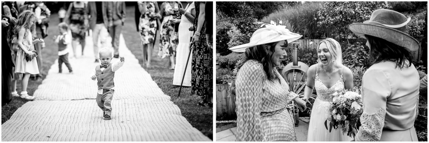 Black and white panoramic sequence capturing candid moments during a wedding celebration.