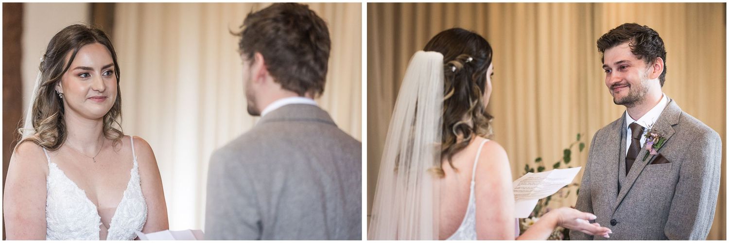 The bride and groom face each other and hold hands as they make their wedding vows