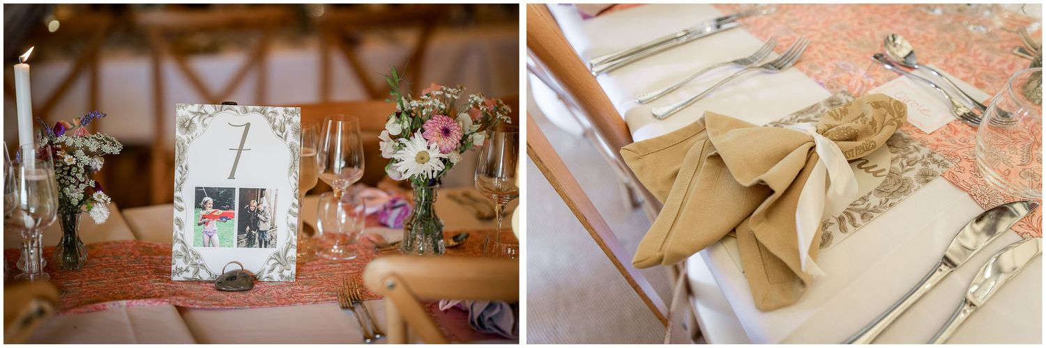 Interior detail photographs of wedding breakfast setup in a stretch marquee garden wedding venue