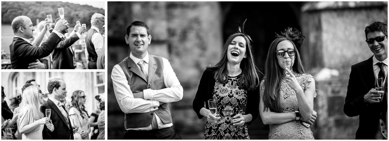 Black and white wedding reception photos showing guests laughing and celebrating together at an outdoor event.
