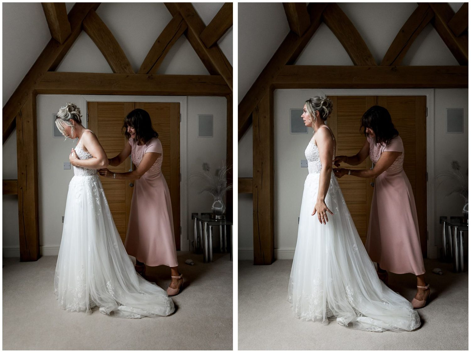 Getting ready moments captured in a rustic wooden beam room.