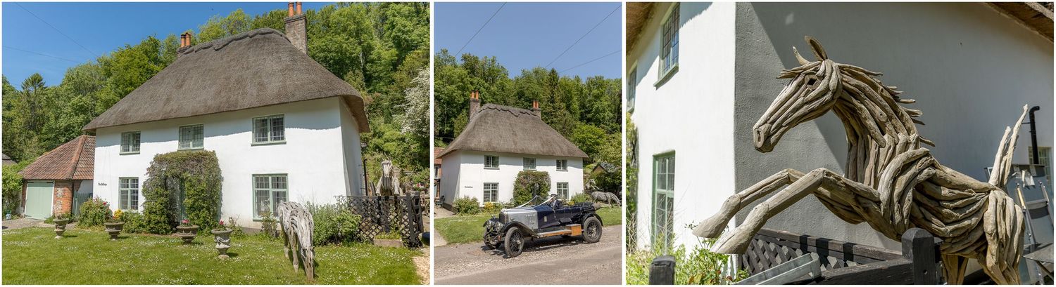 Exterior views of white country houses and buildings surrounded by greenery.