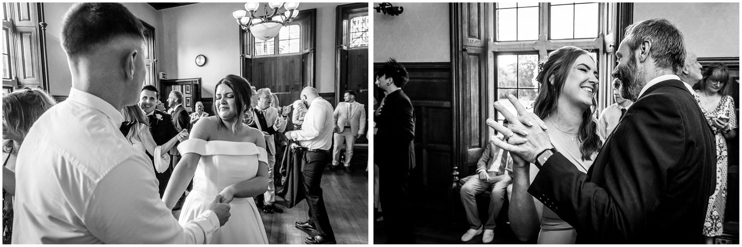 A series of black and white wedding photographs showing candid moments between couples and guests at a celebration.