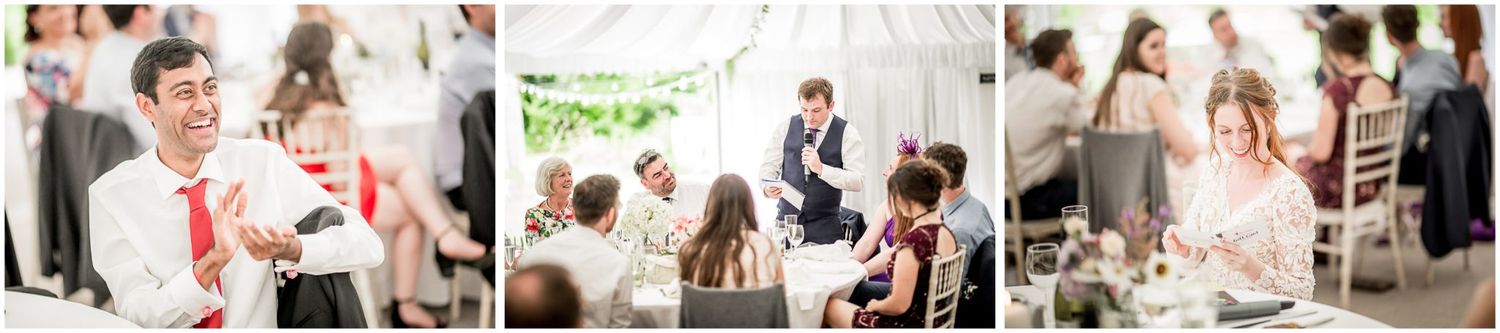A series of candid wedding celebration photos showing joyful moments between guests and the couple during the reception.