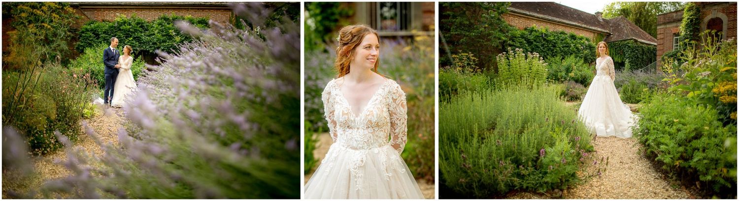 Collection of romantic garden wedding photos featuring elegant white gowns and natural outdoor settings.