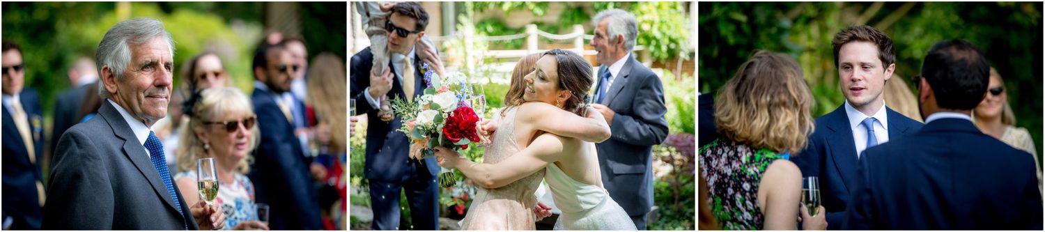 Candid moments of wedding celebration with guests in lush garden setting.