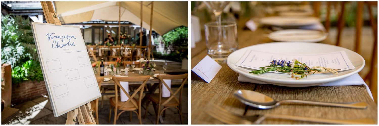 Rustic wedding reception table settings with vintage decor and wooden elements.