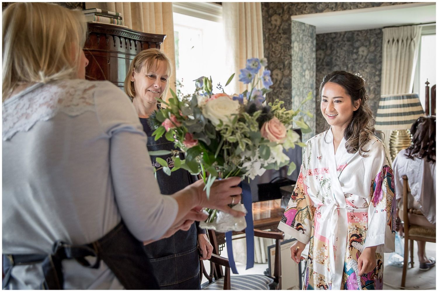 Wedding day preparation scenes in a naturally lit room with vintage decor.