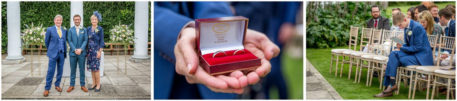 Wedding ceremony details and candid moments captured in outdoor garden setting.