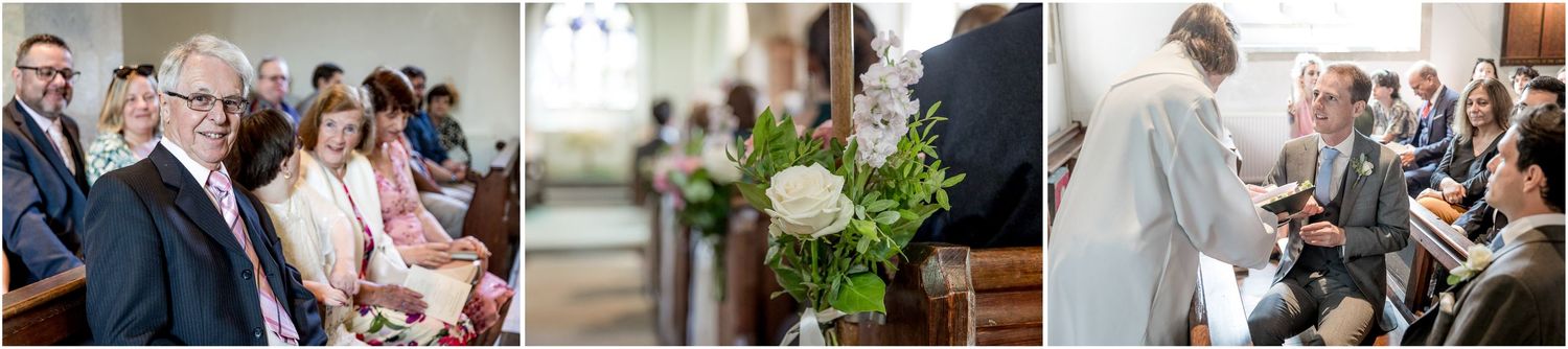 Series of candid wedding ceremony moments captured inside traditional stone church.