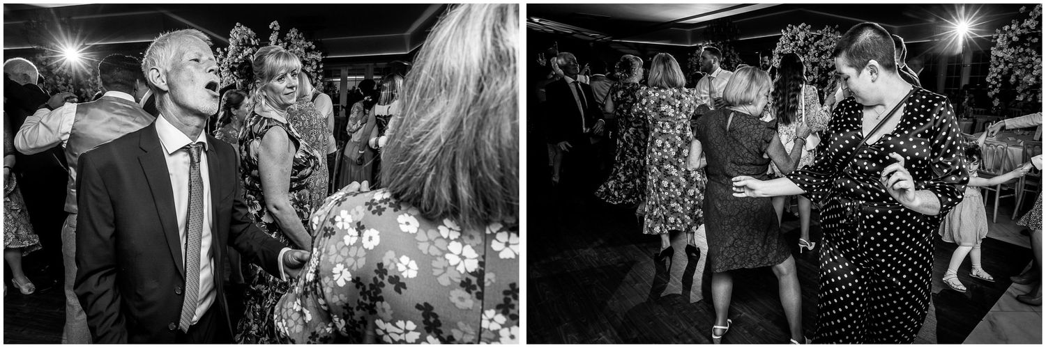 Black and white photos of lively wedding reception dance floor moments.