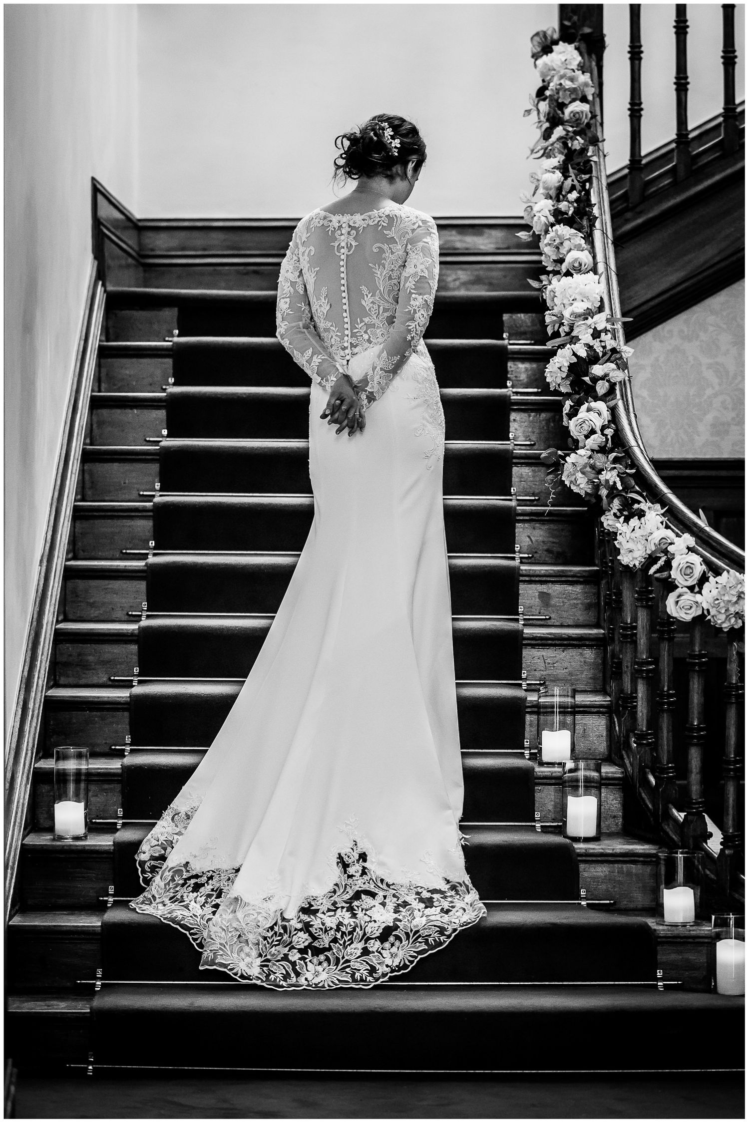 Sequence showing details of a lace wedding dress on grand wooden staircase with floral decorations.
