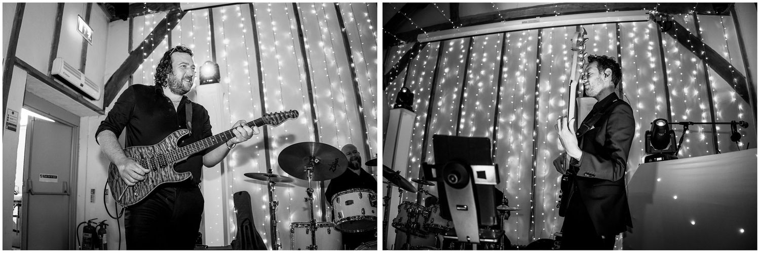 Black and white candid shots of wedding guests enjoying the celebration.