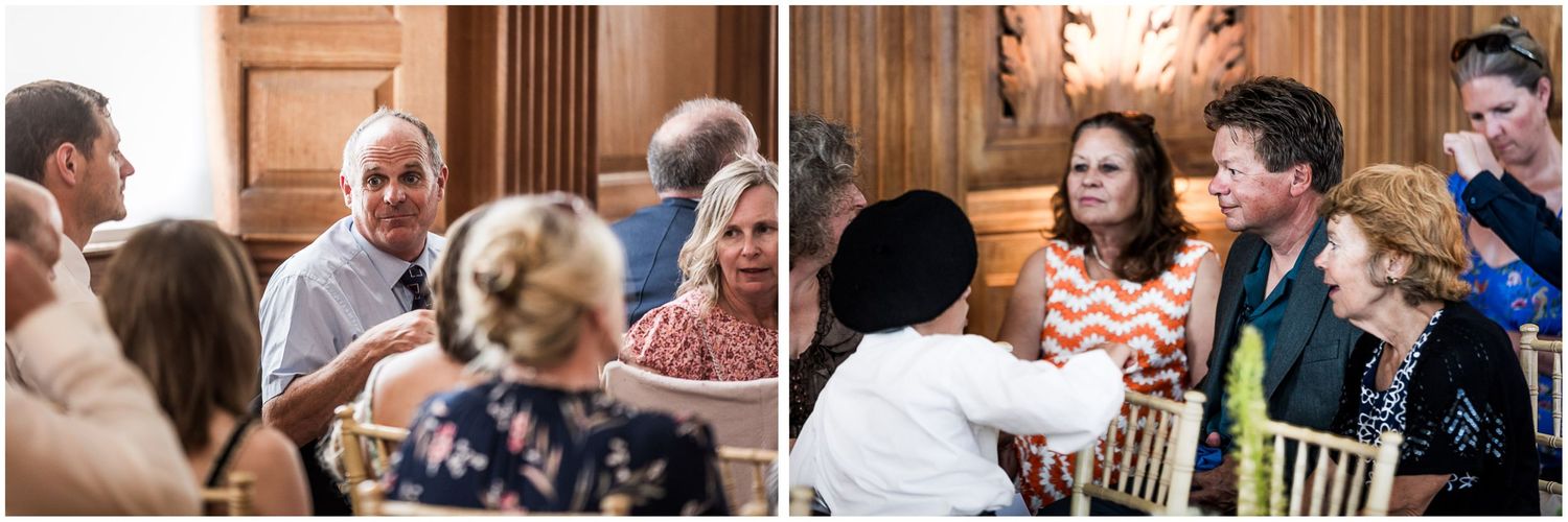 Candid photography of guests taking their seat at Walhampton School in the New Forest before the wedding begins