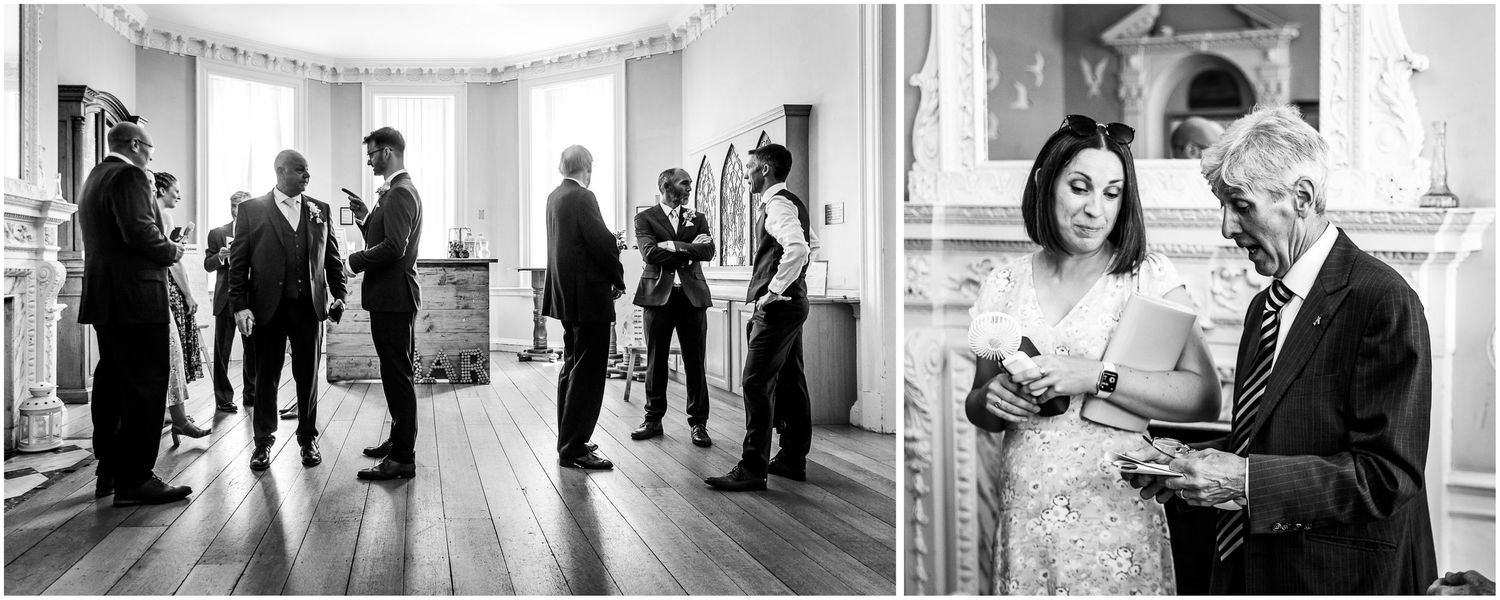 Wedding guests arrive and mingle in a reception room at Walhampton School before taking their seats for a wedding