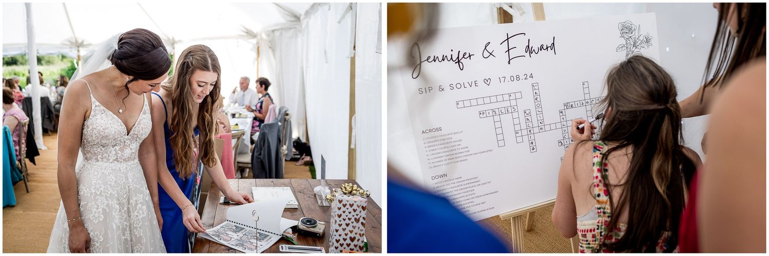 Wedding guests signing guestbook and sharing memories at an elegant reception.