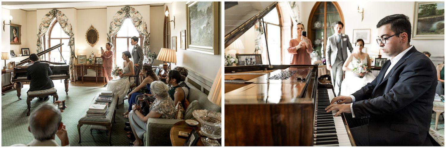 Indoor wedding ceremony moments captured in an elegant venue with arched doorways and classic decor.