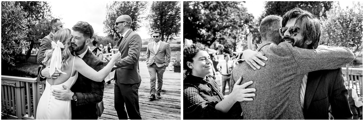 Monochrome images showing emotional moments between wedding guests.