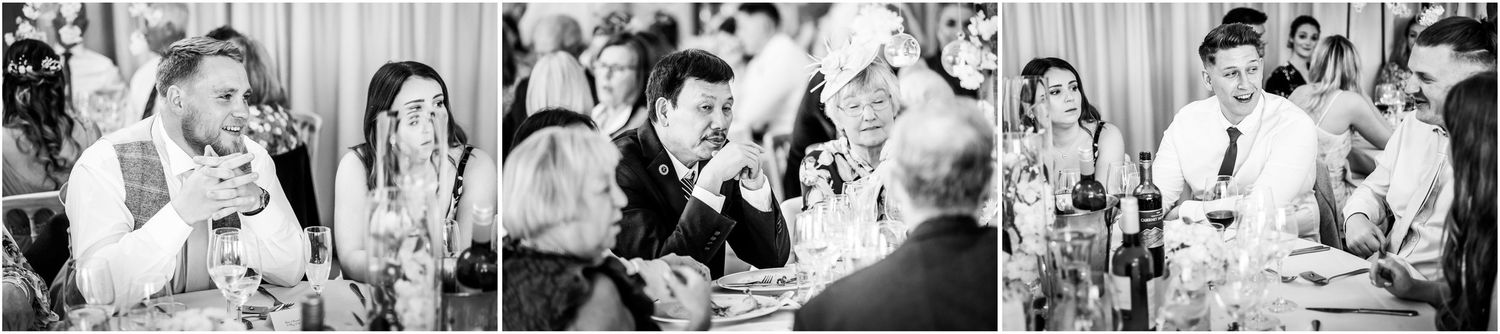 Black and white candid photos capturing natural moments during a wedding reception.