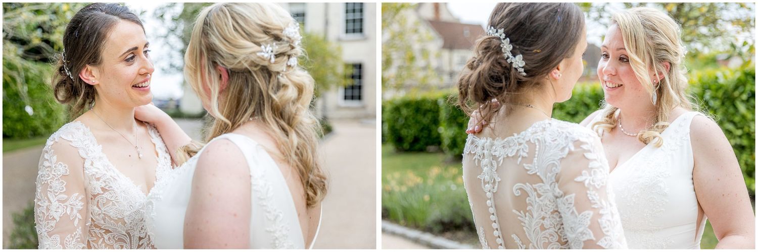 Intimate wedding portraits captured against historic building exterior.