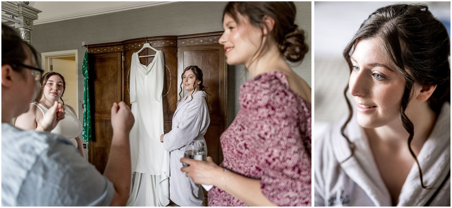 Candid moments of wedding day preparation captured in a photo collage.