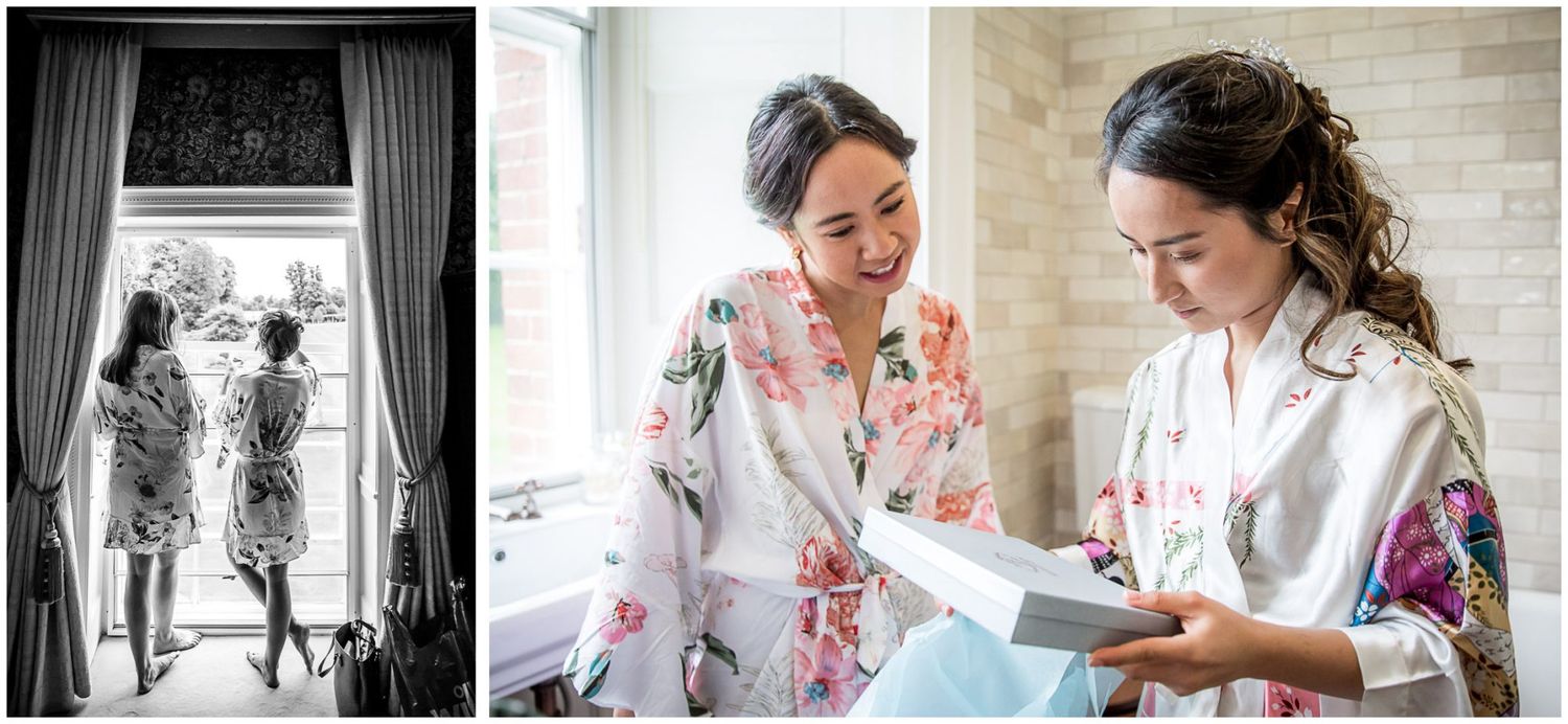 Getting ready moments captured in a bridal suite with natural window light.